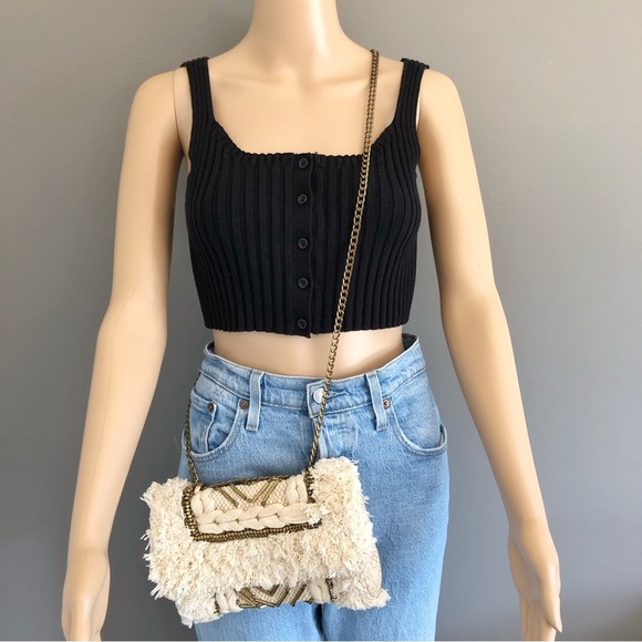 ZARA Unique Boho Beaded Cream Golden Tone Chain &Hardware Crossbody Shoulder Bag - Picture 12 of 15